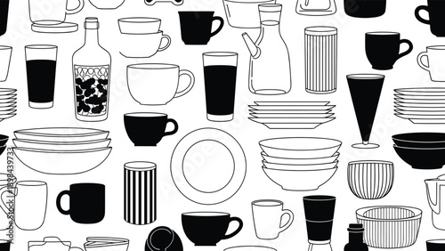 intricate black and white seamless pattern featuring an assortment of kitchen items like coffee mugs dinner plates glass bottles and jars.