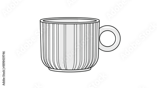 modern ceramic coffee cup in a light grey color with a distinctive vertical ribbed texture and a large circular handle for comfortable grip.