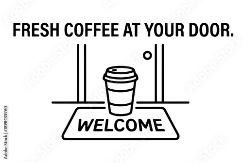 Doorstep Coffee Delivery Concept Illustration. Takeaway Cup on Welcome Mat in Front of Door Line Art.