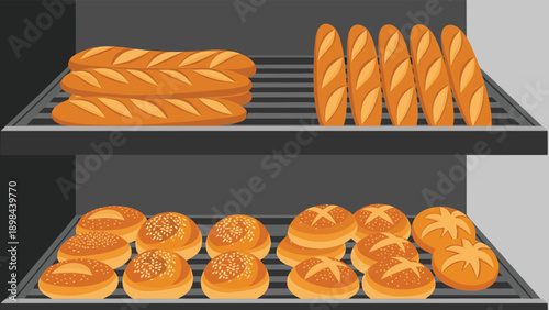 Shelves in a bakery display a variety of freshly baked baguettes and round buns with different toppings and crust textures.