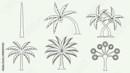 Collection of palm tree line drawings showcasing different growth stages and styles from a single trunk to cluster formations.
