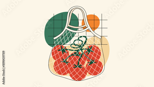 Reusable mesh produce bag filled with ripe red cherry tomatoes against an abstract background of green and orange organic shapes.