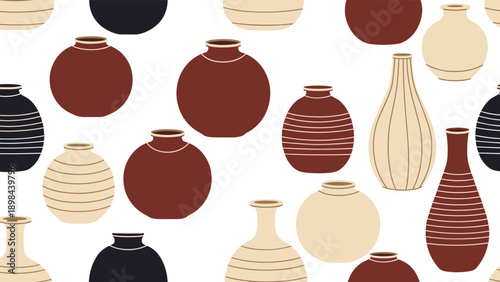 Seamless pattern of various clay pots and vases in earthy tones like terracotta black and cream with striped and smooth textures.