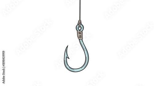 Realistic illustration of a silver metal fishing hook tied to a thin line with a sturdy knot for outdoor sporting activities.