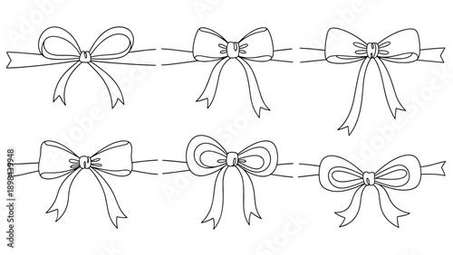Set of ribbon bows with extended horizontal bands in black outline suitable for banners or gift wrapping borders.