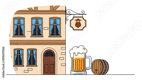 Colorful vector illustration of a traditional European tavern building with a large beer mug and wooden barrel in the foreground.