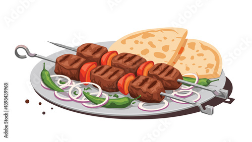 Delicious grilled meat skewers served on a plate with pita bread red onions and green chili peppers in a vector illustration.