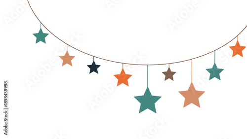 Festive star garland with colorful stars hanging from a thin string for holiday decorations and party celebration design themes.