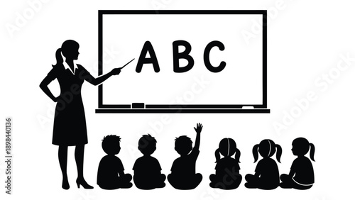Teacher instructing a group of students in a classroom setting. Vector