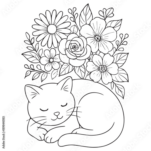 Sleeping Cat with Flowers Coloring Page Vector, Clean Outline for Adult Coloring Book Style on White