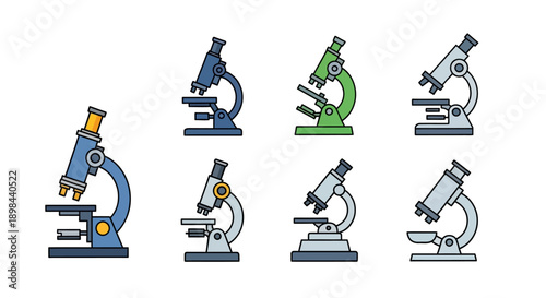 Illustration of diverse microscopes in varied colors set against a crisp white background