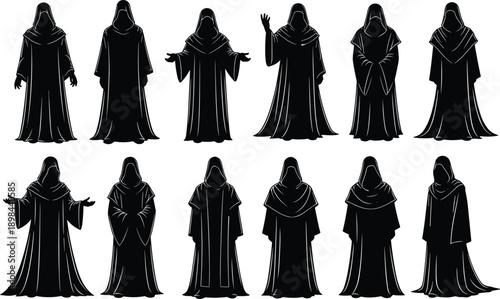 Black hooded robe figure silhouettes collection, mysterious cloaked characters poses set, fantasy cult monk wizard icons isolated on white