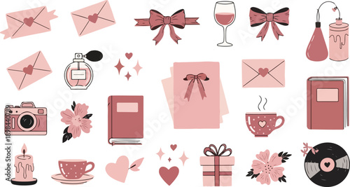 Pink Valentine Romantic Elements Set with Love Letters, Retro Camera, Vinyl Record, Perfume Bottle, Wine Glass and Aesthetic Flowers for Girly Wedding Design