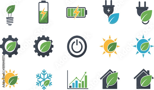 Print Eco-Friendly Energy and Sustainable Green Technology Icon Set Featuring Renewable Solar Power Wind Energy Smart Home Solutions and Carbon Reduction Symbols