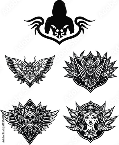 Set of tattoo designs including a stylized moth, a winged skull with a shield, a gothic skull, and a mythical woman
