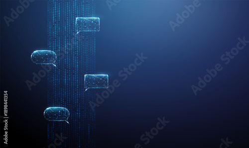 3d vertical data stream made of dots with empty speech bubbles. Chatbot training, natural language processing, data-driven learning, AI model development concept.