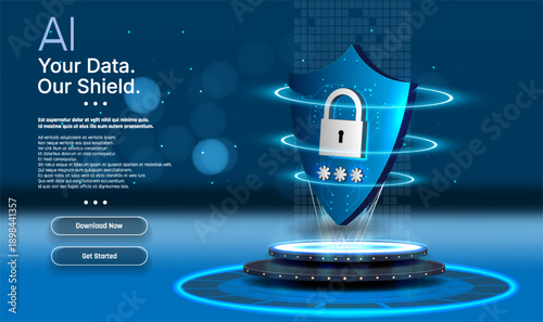 Protecting data with AI technology and digital security shields in a modern design on a blue background