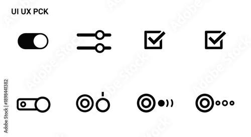 Selection of digital user interface components with horizontal adjustment bars toggle switches and multiple checkbox variants for mobile design projects