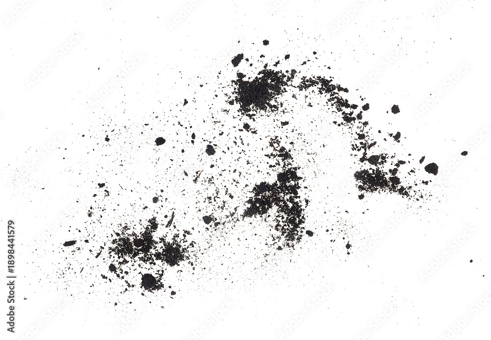 Fototapeta premium Scattered fertile soil on a white background, top view. Gardening and growing concept.