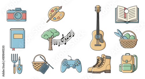 Illustration representing diverse hobbies, activities, and interests with a playful, cartoon style