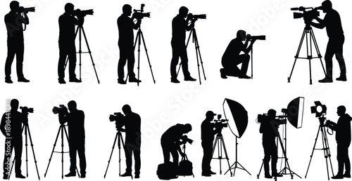  Professional Photographer and Videographer Silhouettes Set Featuring Camera Operators with Tripods, Digital Cinema Gear, Studio Lighting Equipment, and Media Production Crew Isolated on White Backgro