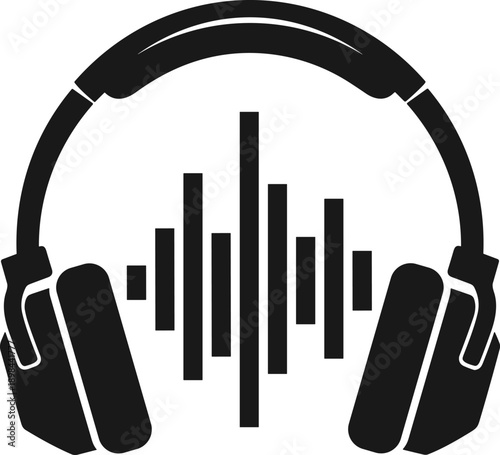 Black Vector Icon of Studio Headphones with Digital Audio Waveform Equalizer Isolated on White Background for Music Production Podcast Radio and Sound Design Concepts