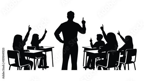 A teacher instructs a group of students in a classroom setting with raised hands. Vector