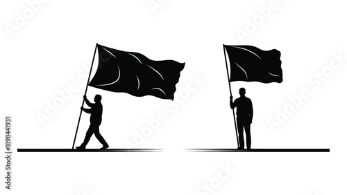 Two individuals holding black flags in a stark white environment Vector