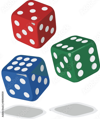 Three colorful dice with white dots 