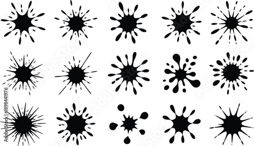 Dynamic collection of 15 abstract black liquid ink splatters exploding across a bright white canvas, perfect for grunge and artistic design projects.