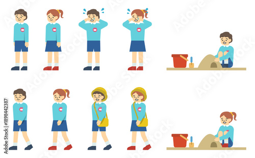 フラットイラスト：スモックを着た男の子と女の子セット(表情あり)