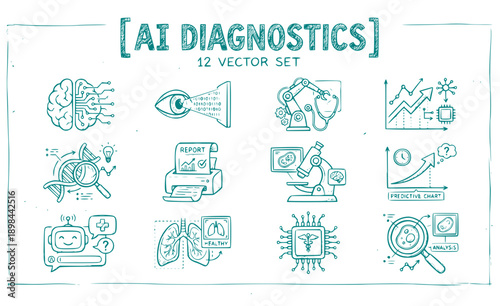 AI Health Diagnostics Vector Set - 12 Artificial Intelligence Medical Icons Silhouettes