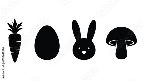 Four black icons representing a carrot, egg, rabbit, and mushroom Vector