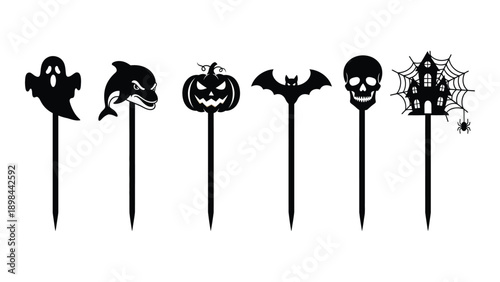 Halloween-themed toothpick flags featuring spooky icons and symbols Vector
