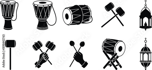 Collection of Islamic Musical Instruments and Lanterns Silhouettes drum djembe
