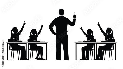 Teacher and students in a classroom with hands raised for questions Vector