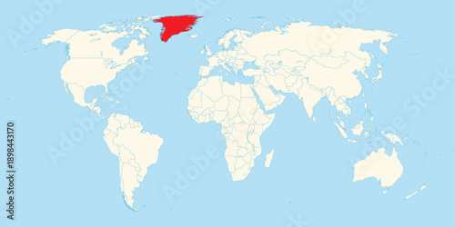 world map showing greenland territory highlighted in red for geographic study and arctic region identification needs
