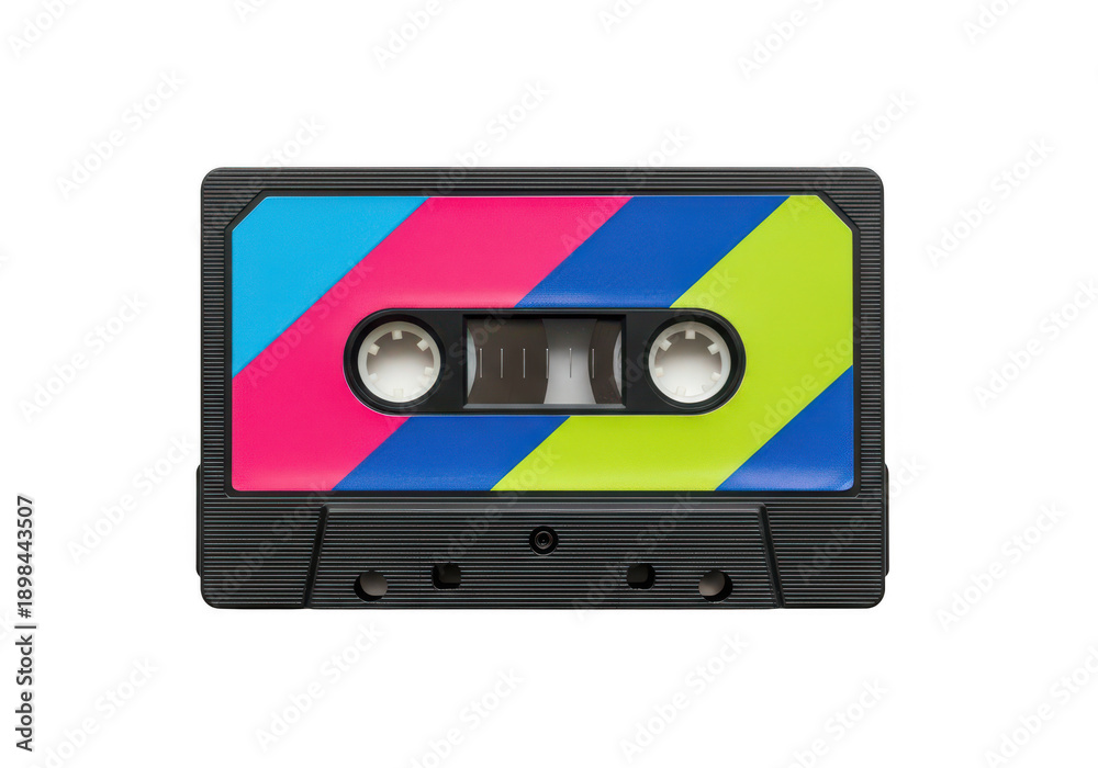 Fototapeta premium Vintage cassette tape with colorful label design isolated on transparent background