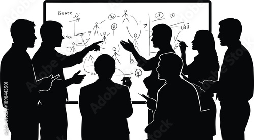 A group of people discussing and pointing at a large screen display