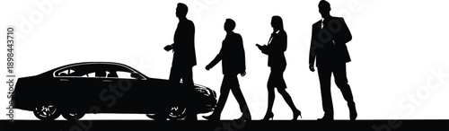 Silhouettes of people standing next to a car