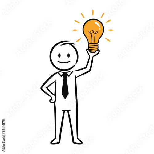 Stick Figure Businessman Holding a Bright Idea Lightbulb