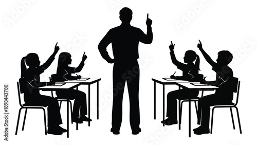 A teacher instructing a group of students in a classroom setting. Vector