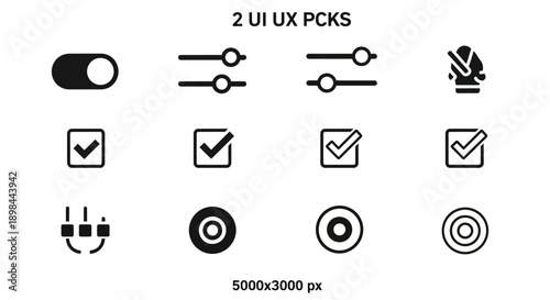 Set of black and white ui ux interface icons including toggle switch sliders checkboxes and radio buttons for mobile app design or web development