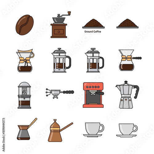 Coffee Brewing Methods and Tools Icon Set: Flat Design