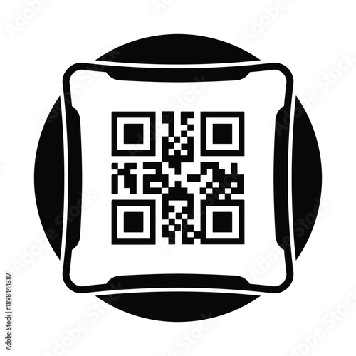 Minimal black and white illustration of a QR code printed on a receipt or ticket icon, centered on a circular background. Concept of digital payment, scanning, billing, e-commerce, and contactless tra