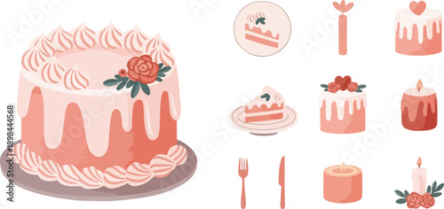 Valentine's Day Romantic Cake and Dessert Collection, Set of Pink Sweet Icons with Candles and Slices, Delicious Anniversary Celebration Illustration for Greeting Cards and Menus.