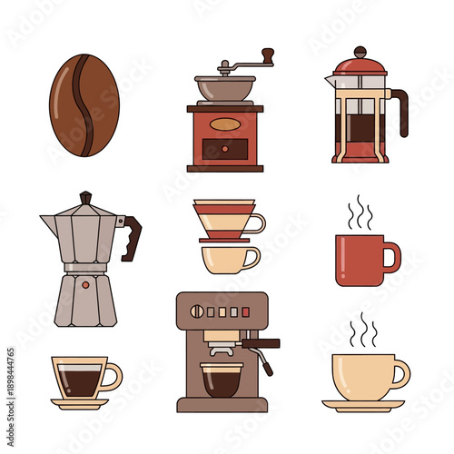 Coffee Making Icons Set: Espresso Machine, French Press, Moka Pot, Grinder, Cups