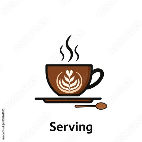 Steaming Coffee Cup with Latte Art and Spoon - Isolated Vector Illustration