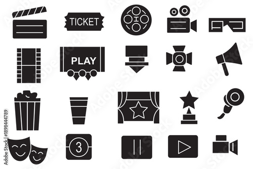 Cinema icons set. Movie Icons collection. Clapper board icon set. Contains such icon as film, movie, tv, video and more. Movie, Video icons, Collection film, TV sign. Vector illustration