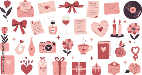 Valentine Day Romantic Element Set with Love Letters, Hearts, Flowers and Gifts in Flat Hand Drawn Style